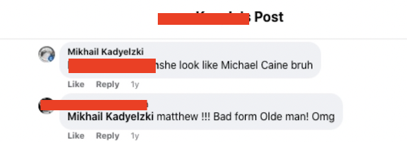 Bingus aka Matthew Cady posting on Facebook that his sister-in-law looks like Michael Caine